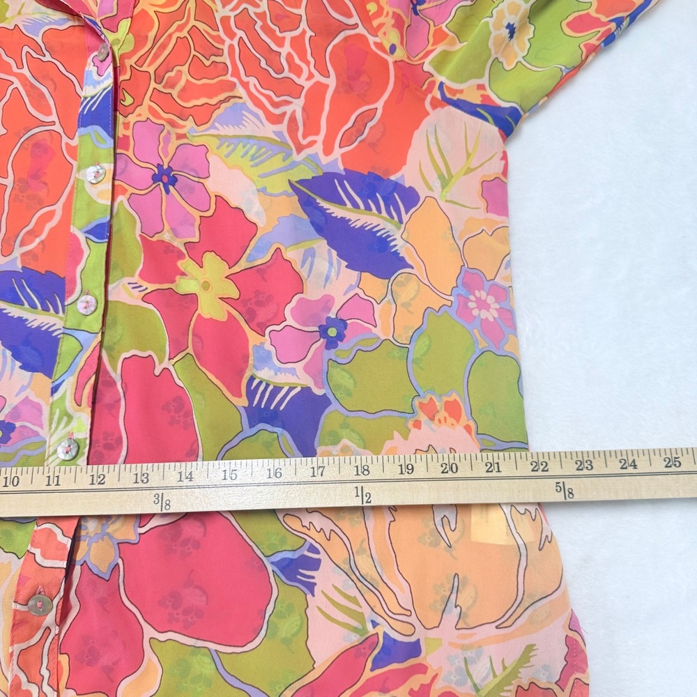 Fig and FlowerTropical Floral Button Up Roll Tab Sleeve Blouse Coral Pink L - Picture 7 of 10